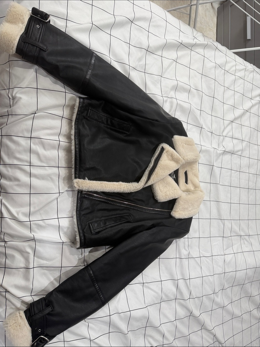 Hollister Black Faux Leather Jacket with Cream Shearling